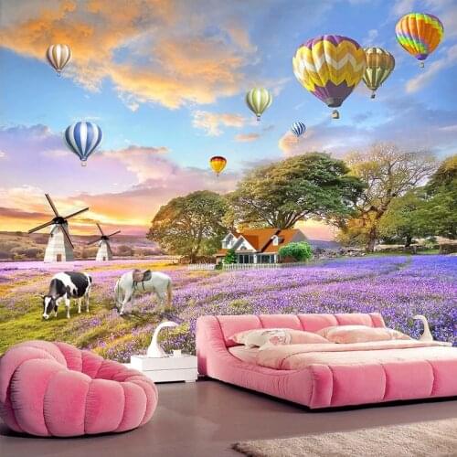 Custom Self-adhesive Mural Wallpaper For Bedroom Pastoral Flower Sea Lavender 3D Landscape Wall Painting Wall Papers Home Decor