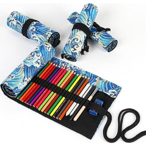 12/24/36/48/72 Holes Roll Pencil Bag Pencilcase Pen Holder Pouch Canvas Pencils Storage Bags Pen Organizer Stationery Supplies