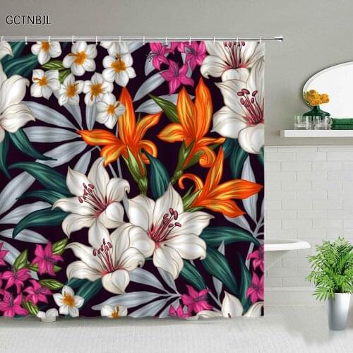 Lily Flowers Printing Shower Curtains Set Floral Plant Black Luxury Bathroom Decor Polyester Fabric Bathtub Screen With Hooks