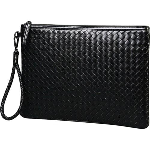 Men bag Leather Weave Knitting Clutch Bag Shoulder bag Wallet Handy Bag Handbags Day Clutches Male Large black Purses Clutch