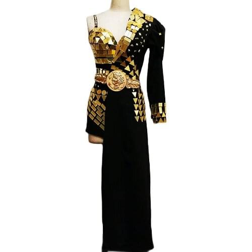Sparkling Mirror Sequins Handmade Bodysuit Women One Off Shoulder Asymmetrical Windbreaker Gold Sashes Nightclub Costumes