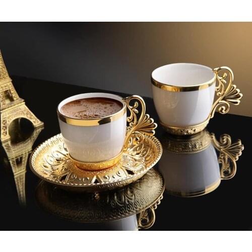 Turkish Golden Coffee Cups and Saucers Serving Set Ceramic Coffee Mugs Best for Home Decor Demistasse Porcelain Coffee Set