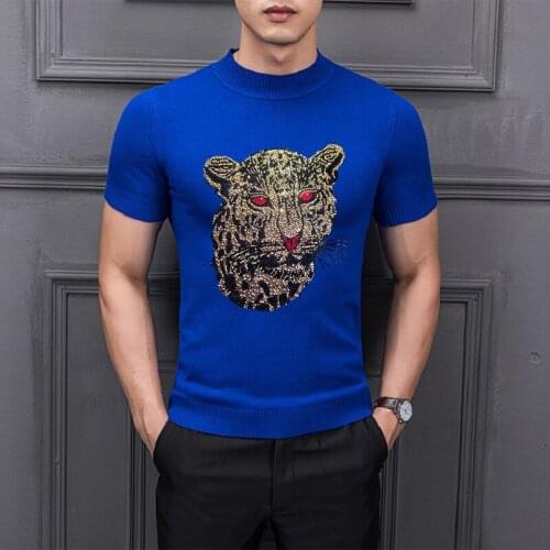 High Quality Leopard Head Male Short Sleeve Rhinestone Mens Pullover Sports Jogging Diamond Knitting Base Shirt Sweater