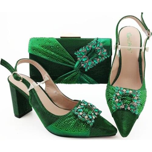 Green Color African Shoes and Matching Bags Ladies Italian design Shoes with Bag Set Decorated with Rhinestone Nigerian Shoes