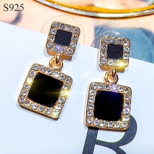 925 Sterling Silver Needle Dangle Earrings for Women Jewelry Black Square Rhinestone Crystal Punk Rock Female Drop Earrings