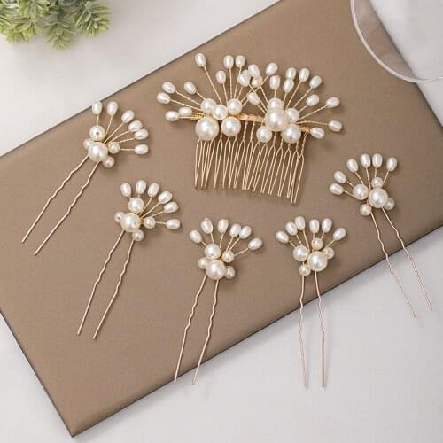 Six-piece set Womens Hair Comb Wedding Headdress Pearl Bridal Hair Accessories Headdress Flower Jewelry Hair Pins Handmade