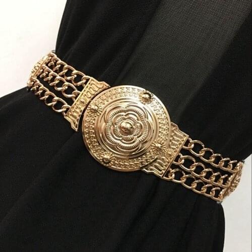 2020 Women Flower Waist Belts Fashion Ladies Floral Elastic Wide Gold Metal Belt For Dress Female Golden Chain Belt Girls