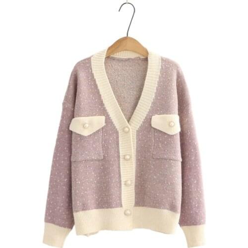 Women Knitted Korean Cardigan Patchwork Pockets Sweaters 2020 Autumn Winter Single Breasted Long Sleeve V-neck Ladies Basic Top