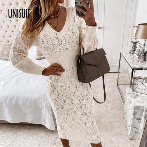 Lady Elegant V-Neck Solid Sweater Dress Autumm Casual Women Hollow Out Slim Dress Female Long Sleeve Single Base Dress Vestidos
