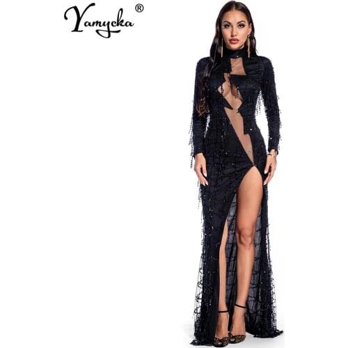 Sexy See through Maxi Club woman Autumn Summer sequin dress women party night glitter bodycon vintage long dress ladies dresses