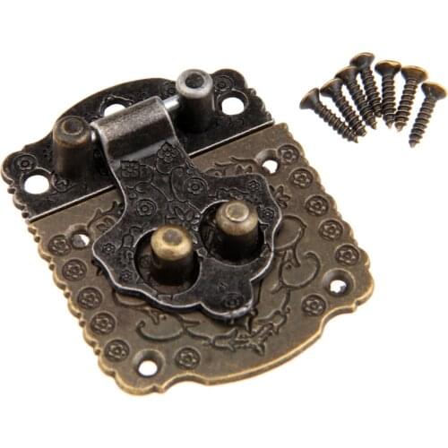 1Pc 53x41mm Antique Bronze Iron Lock Decorative Latch Hasps Hook Wooden Jewelry Box Padlock With Screws For Furniture Hardware
