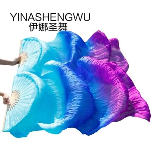 Dance Fans Bamboo Ribs Natural Silk Stage Performance Props Dye Fans Women Belly Dance Silk Fans turquoise+royal blue + purple