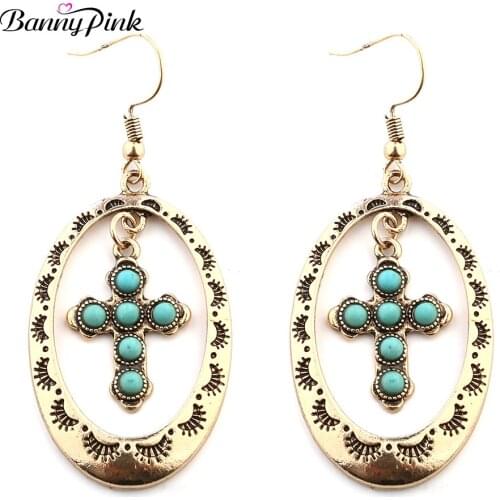 Banny Pink Religious Alloy Cross Pendant Dangle Earrings For Women Ethnic Synthetic Stone Geo Drop Earrings Fashion Jewelry