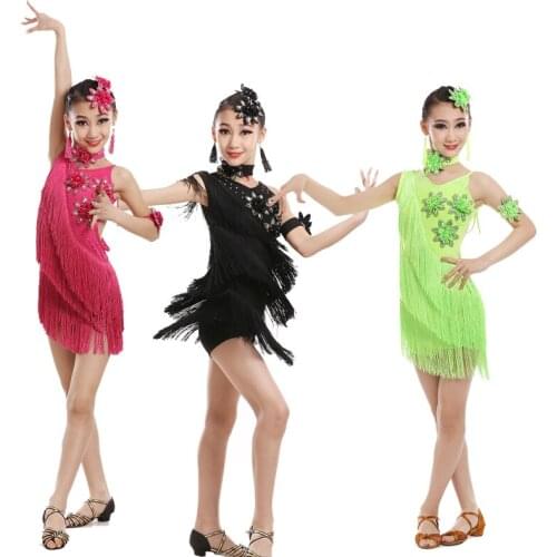 Girl sequined children latin dance dress costume outfits tassels latin competition clothes tango samba stage dance wear for kid
