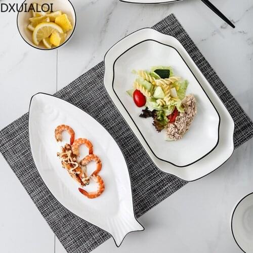 DXUIALOI Nordic style simple black line ceramic tableware household microwave heating ceramic fish plate home decoration