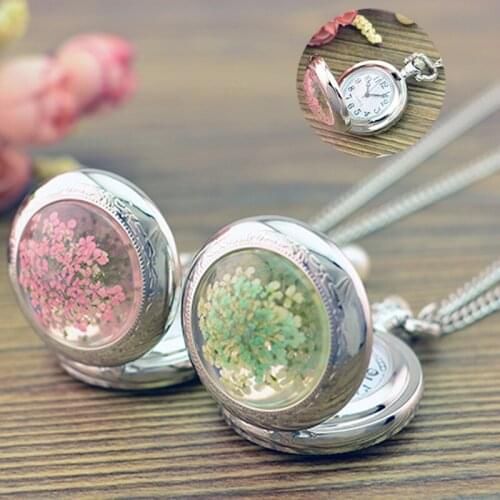 Fine Jewelry Cute Dry Flowers Round Glass Pendant Necklace pocket watch Long Chain Necklace Vintage Necklace For Women girl Gift