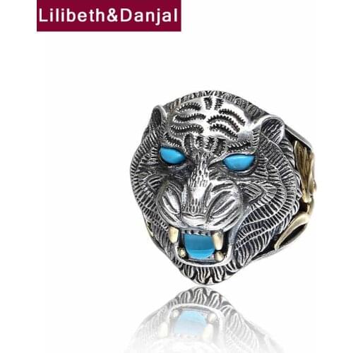 Tiger Ring 100% Real 925 sterling silver Jewelry Animal King Inlaid Stones Adjustable Ring Men Natural stone Jewelry FR32