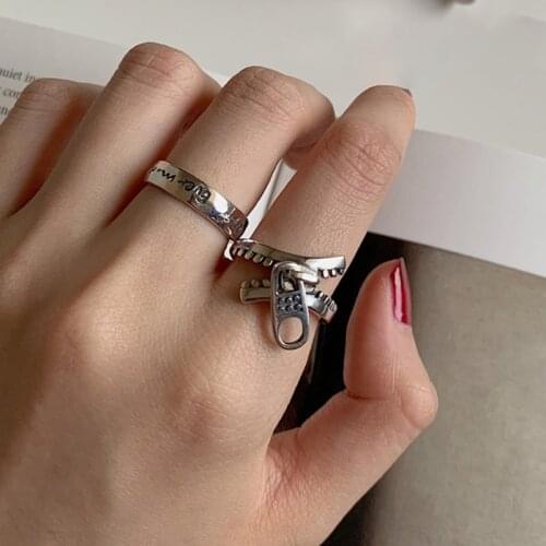 Punk Discos Korean S925 Silver Retro Zipper-shaped Ring Personality Vintage Handmade Opening Ring for Women Thai Silver Gift
