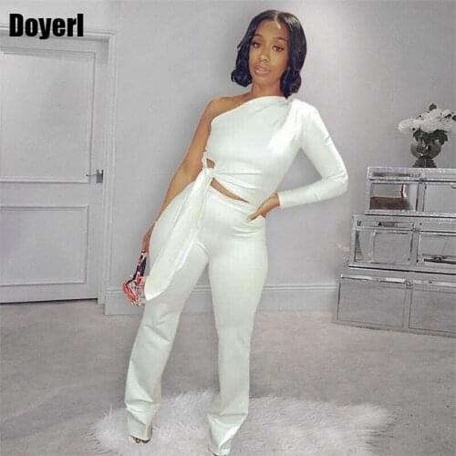 White Two Piece Set Women Elegant One Shoulder Tie Up Long Sleeve Crop Top and Pants Set Sexy 2 Piece Club Outfits for Women