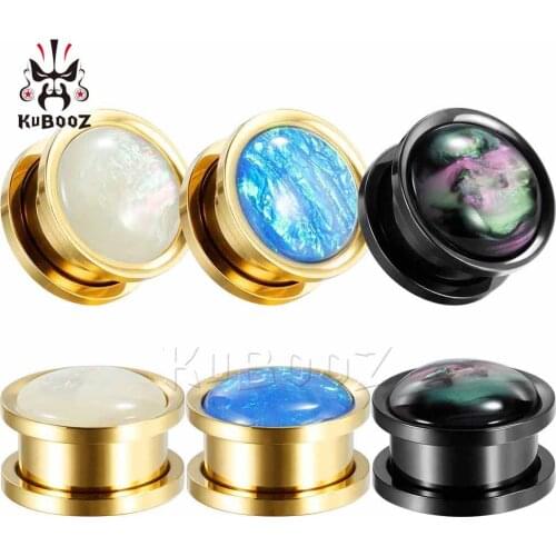 KUBOOZ White Blue Black Stainless Steel Opal Earring Ear Piercing Expanders Plugs Stretchers Tunnels Gauges Body Jewelry 2PCS