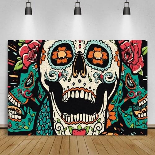 Laeacco Day of The Dead Mexican Festival Skeleton Flower Backdrop For Photography Family Party Photocall Background Photo Studio