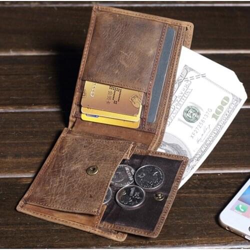 Men Vintage Crazy Horse Genuine Leather Short Wallets Male Top Quality Luxury Retro Coin Purse Credit Card Holder Bifold Wallet
