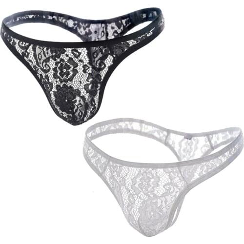 Mens 2 Colors Pack Sexy Brief Cool Lace Thong Mesh G-Strings Bikini Underwear Gift For Boyfriend
