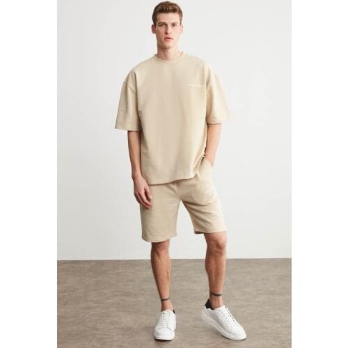 Male Beige Color Shorts T-shirt Tracksuit Set