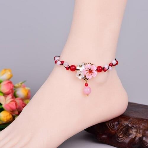 2021 New Shell Flower Temperamental Anklet Hand-knitted Pink Coloured Glaze Powder Crystal Beads Elegant Anklet Women