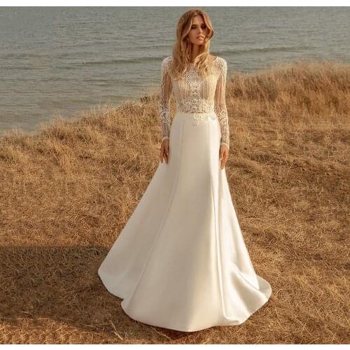 Charming Bohemian Wedding Gowns Satin Retro Full Sleeve Scoop Bridal Dress Boho Floor Length Civil Button Vestido Custom Size