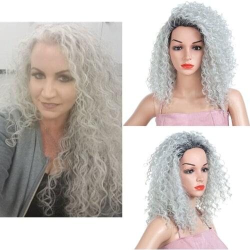 Hywamply 16" Medium Length Kinky Curly Synthetic Hair Wig Silver Grey Black Root Ombre Cosplay Wigs Free Part
