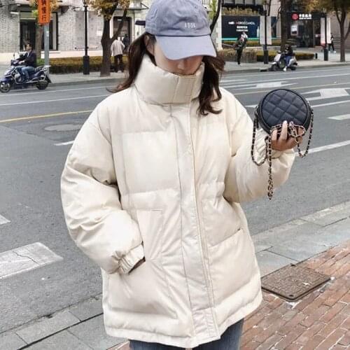 Korean Fashion Loose Parkas Women Winter Down Cotton Padded Jacket Thick Warm Stand Collar Contrast Color Bread Coat Streetwear