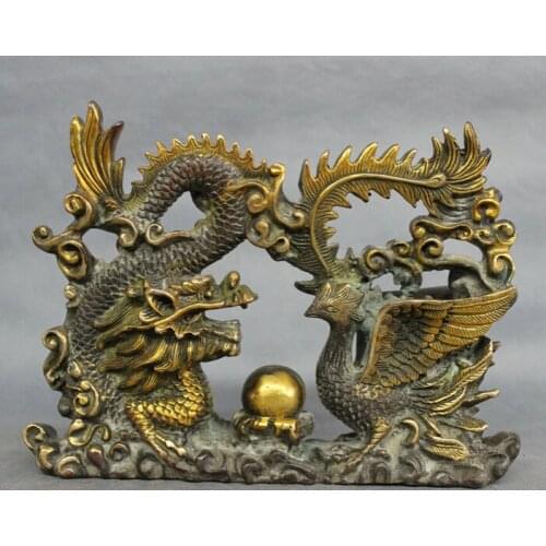 Song voge gem S3068 8" Chinese Bronze Gilt Royal Palace Wealth Myth Fly Dragon Phoenix Ball Statue