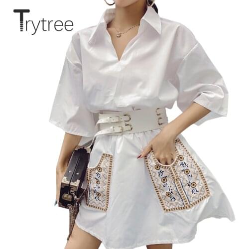 Trytree Summer Embroidery Floral Pockets Dress Casual Turn-down Collar Belt Loose women dresses White High Street Mini Dress