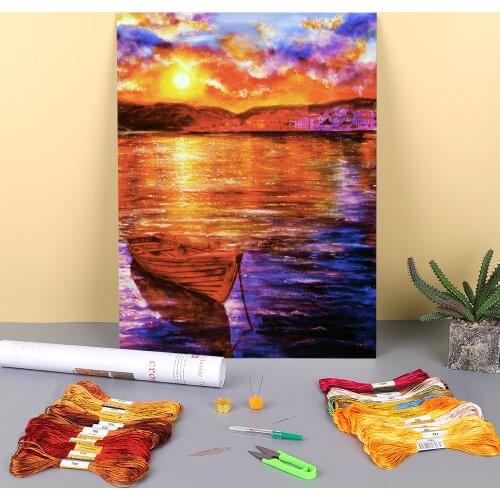 Natural Scenery Enchanted Evening Printed Water-Soluble Canvas 11CT Cross-Stitch Full Kit DIY Embroidery DMC Package