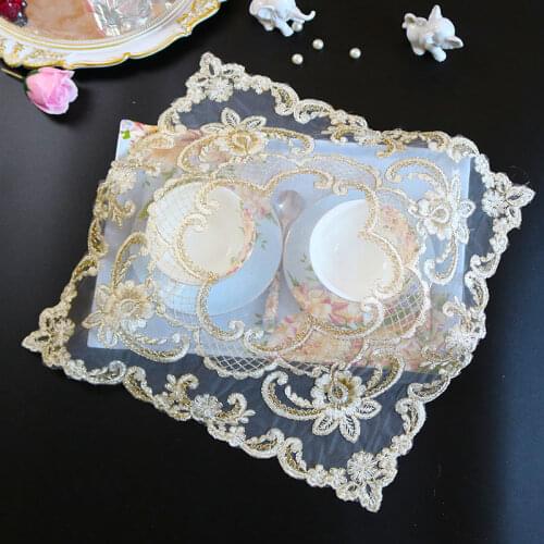 Luxury Gold Embroidered Square European-style Placemat Tea Set Coffee Small Round Table Mat TV Cover Banquet Party Decoration