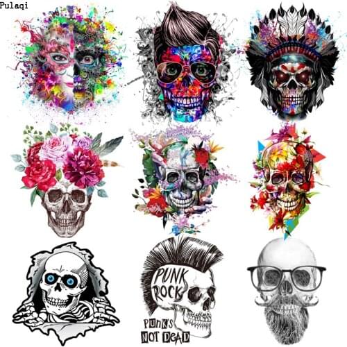 Pulaqi Iron On Transfer Vinyl Terror Skull Heat Transfer Patches For Clothes PVC Patches Stickers Stranger Things Punk Appliques