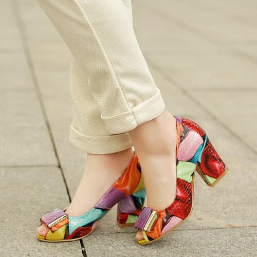2019 Summer Women Fashion Mixed Colors Colorful Pumps Thick High Heels Peep Toe Shoes Woman Cow Leather Party Sandals Plus Size