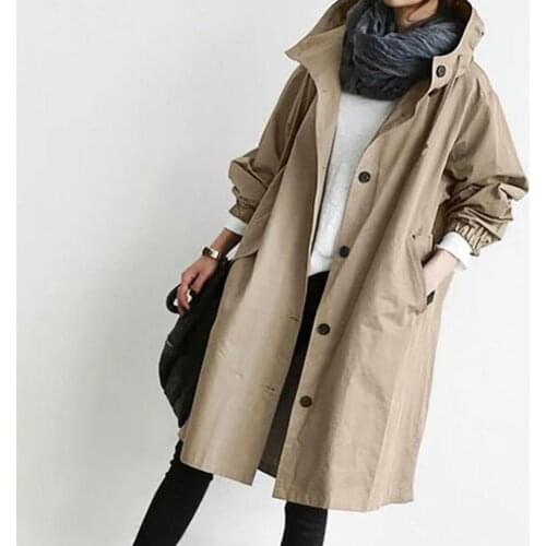 Women Autumn Solid Color Pocket Hooded Windbreaker Long Trench Coat Outerwear Leisure Streetwear Jacket