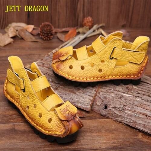 JETT DRAGON 2021 Summer Soft Bottom Flat Genuine Leather Women Shoes Personality Leisure Women Sandals Retro Handmade Sandals 41