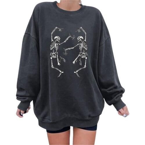 Women Long Sleeve Skeleton Printing Halloween Pullover Sweatshirt Top Shirt Solid Color Casual Daily All-match Girls T-shirt