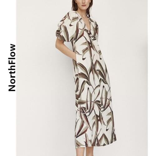 Northflow Women Dress V-neck Print Leaf Linen Mid-calf De Fiesta Party Dress Vestidos Robe Femme