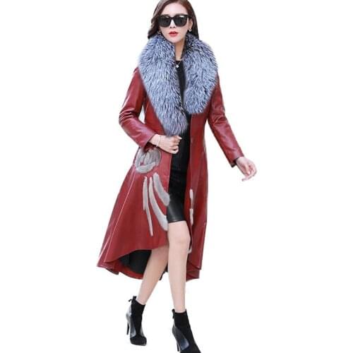 2021 New Womens PU Leather Jacket For Autumn Winter Slim Big Fur Collar Long Leather Coat Female Add Cotton Plus Size Outerwear