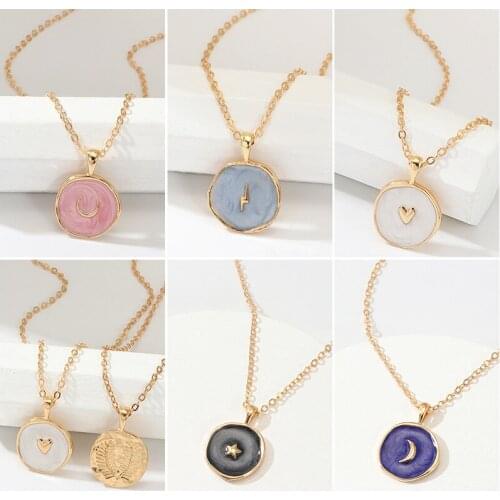 5 Style Cute Cartoon Enamel Round Pendant Girls Necklace Gift Gold Color Chain Heart Star Moon Women Fashion Charm Party Jewelry
