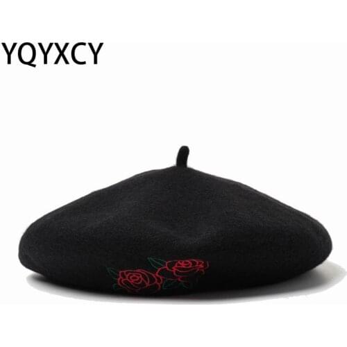 YQYXCY Beret Women Hat Autumn Winter Embroidered Flower Woolen Beret Femme Warm Painter Cap Flat Cap Women Hats Gorras Black
