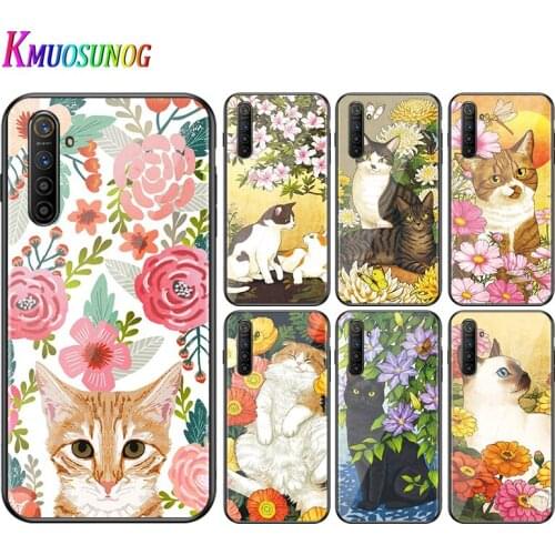 For OPPO A5 A9 2020 F7 Phone Cover Flower Cat Art for OPPO Reno 2 Z 2Z 2F 3 4 Pro 5G Bright Black Phone Case