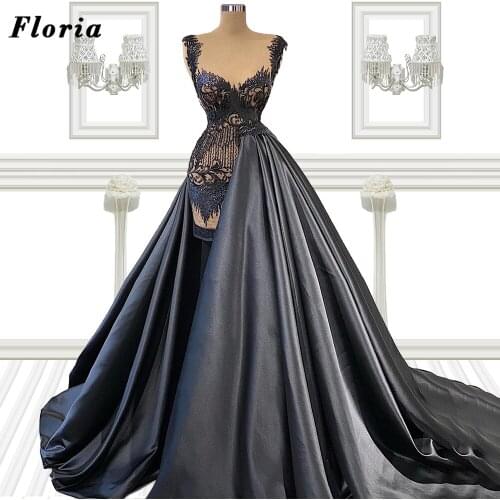 Black Lace Illusion Prom Dresses With Detachable Skirt 2021 Dubai Couture Evening Wear Arabic Robe De Soiree Celebrity Dress