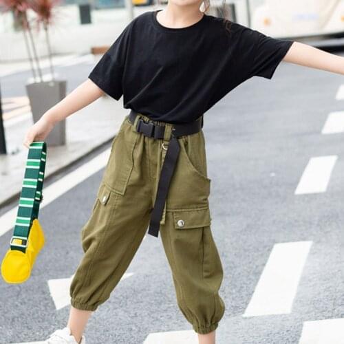 Kids Hip Hop Clothing Girls Jazz Dance Costume Clothes Sets Short Sleeves T-shirt Cargo Pants Children Summer Fashion Streetwear