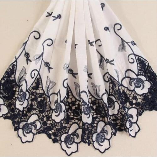 Off-white+Navy Two Side Bilateral Embroidery Cotton Lace Fabric,Skirt Cloth DIY Material Width 130cm 1yard