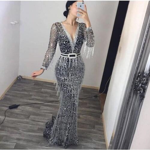 European and American sexy V neck evening prom dresses women long sleeve bronzing tassel dress
